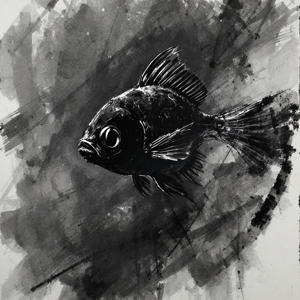 AI generated: Rough charcoal sketch on old paper, beautiful little black fish, seductive pose, clean line art --ch...