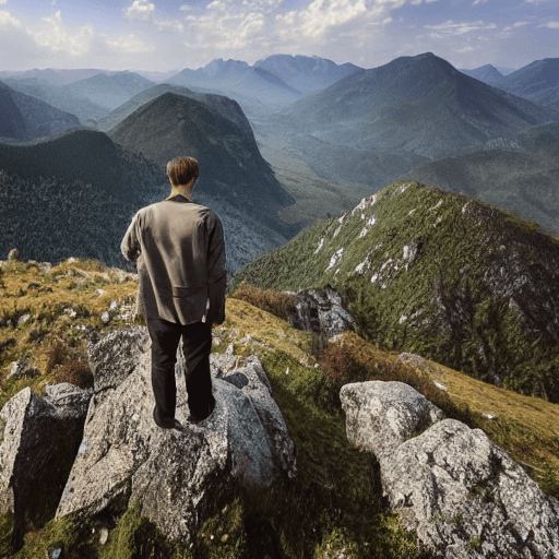 AI generated: a man standing in the mountain top, in fantasy world 