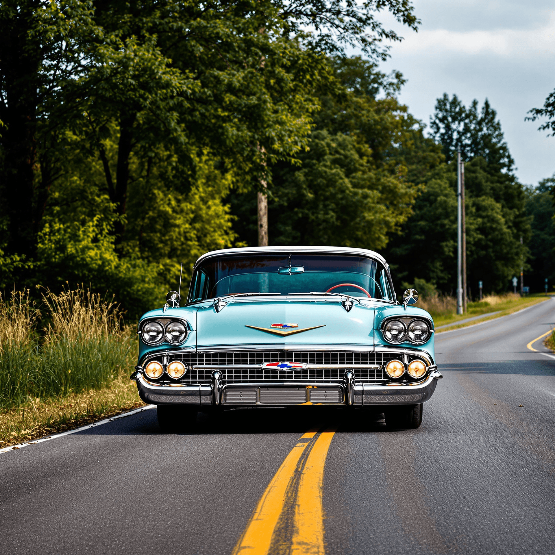 AI generated: classic Chevrolet car from the 60's in the middle of the road with the 4 tires flat