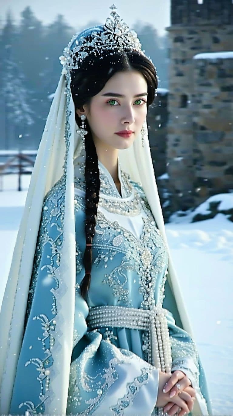 AI generated: A Korean woman in the image of the Snow Maiden, in a kokoshnik embroidered with pearls and silver, w...