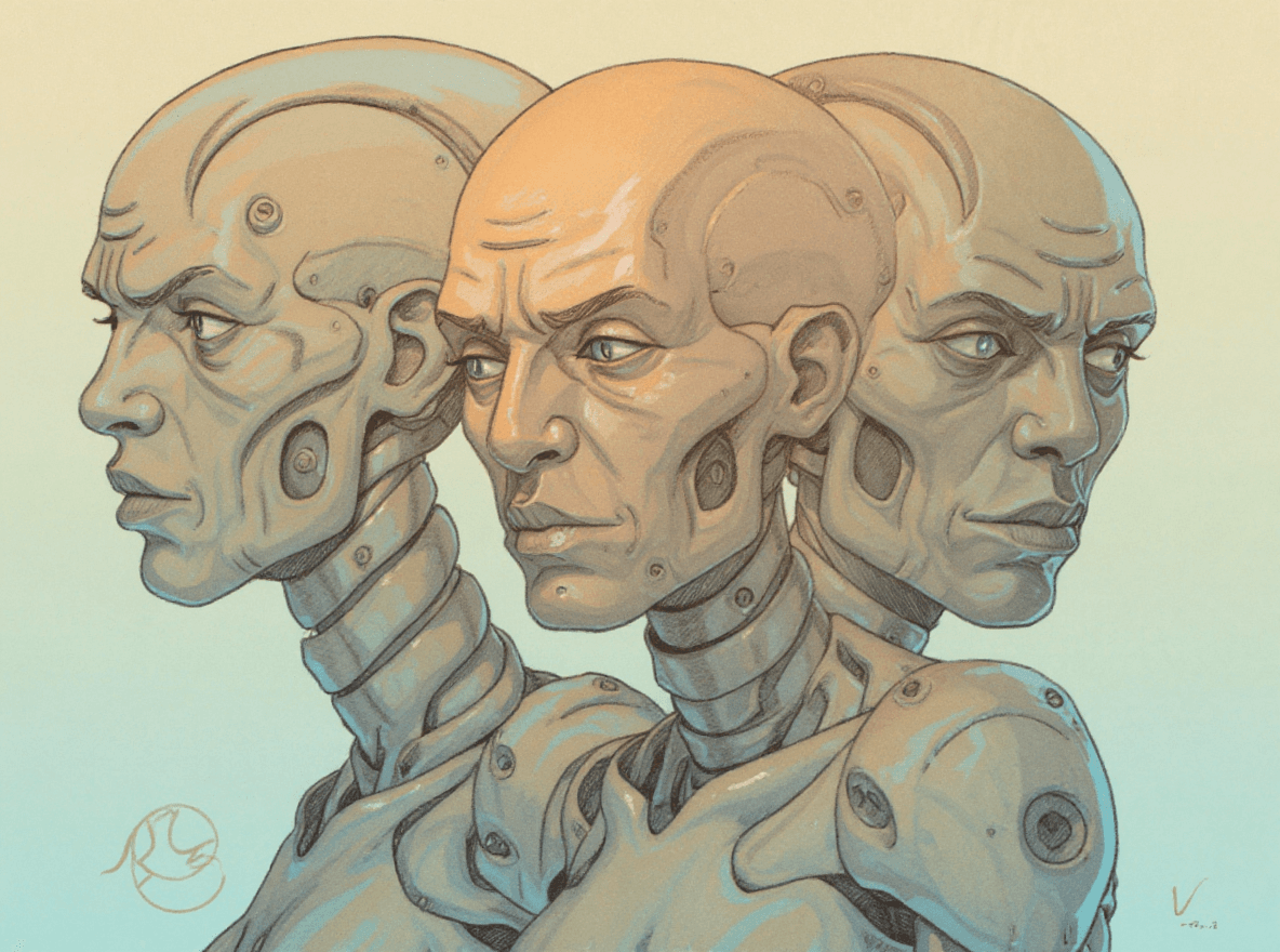 AI generated: alien cyborg art and illustration by theo el, in the style of balanced symmetry, light orange and cy...
