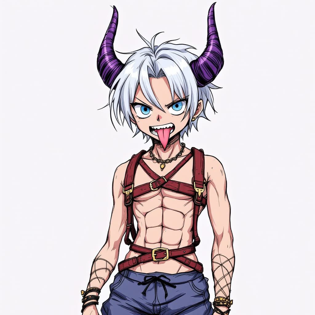 AI generated: white hair anime male with beautiful blue eyes wearing a harness and shorts. one piece art style. ro...