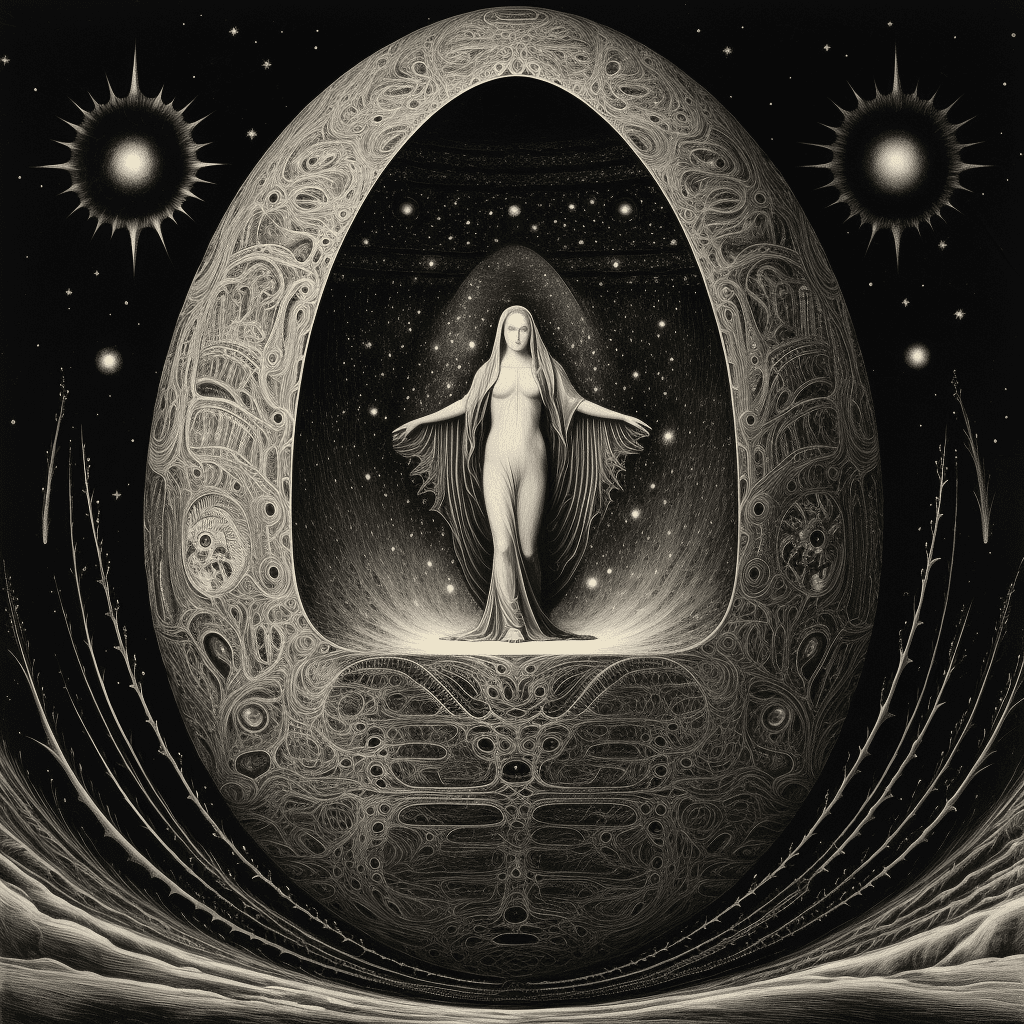 AI generated: Orphic god Phanes emerging from the cosmic egg --v 5.2 --style raw 
