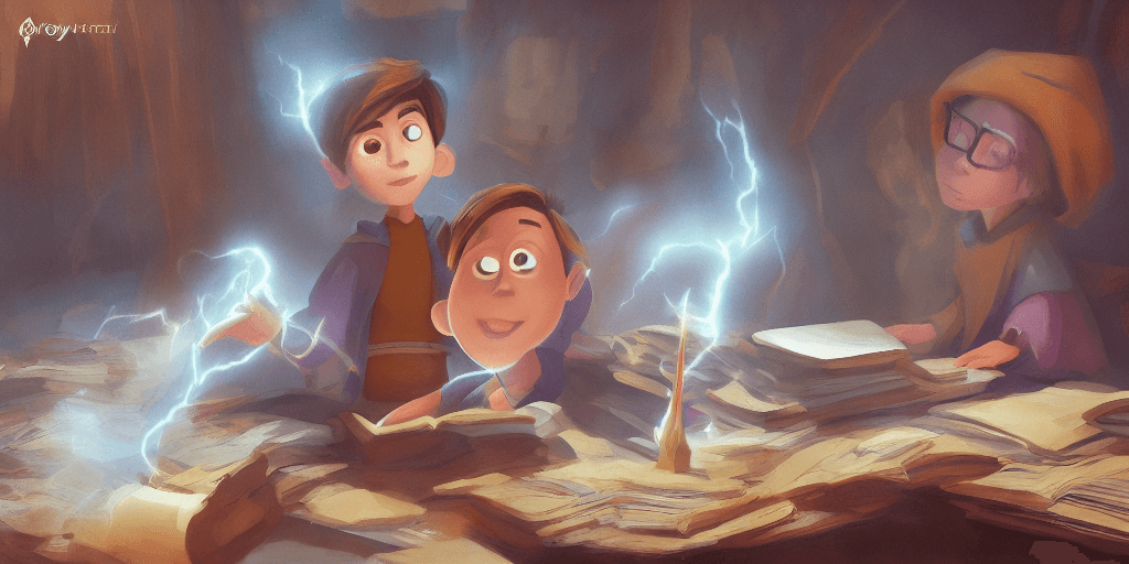 AI generated: a young boy mage with a brown cloak and brown hair is standing at his desk working on a new spell, c...