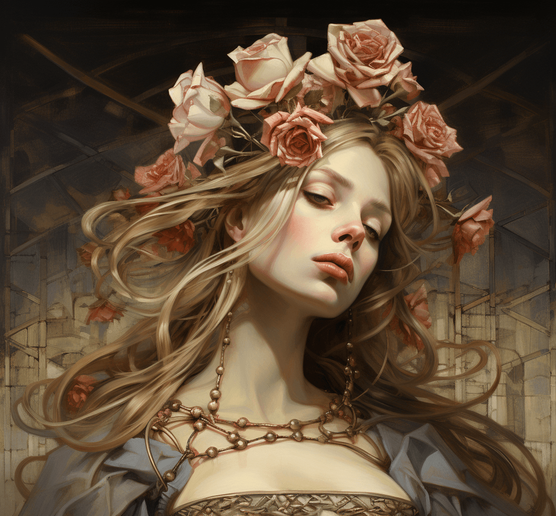 AI generated: Diana a pretty lady in a crown and roses, in the style of peter gric, folk - inspired illustrations,...