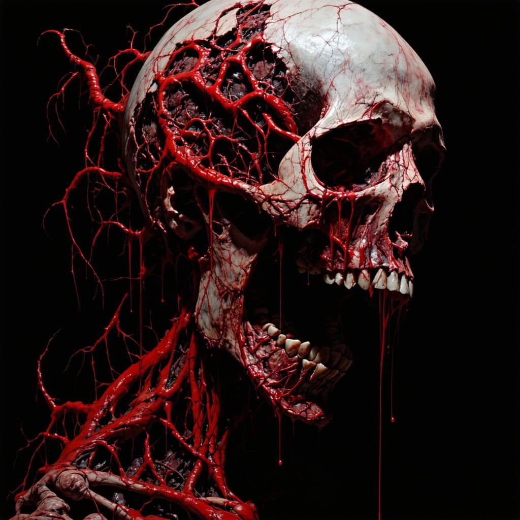 AI generated: Decayed humanoid figure, grotesque, (detailed skeletal structure:1.3), (tissue textures:1.3), (expos...