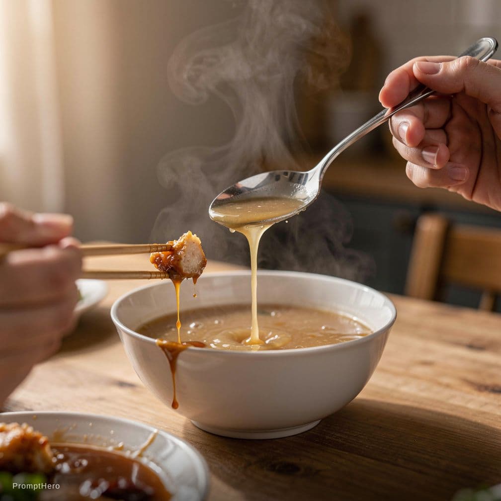 AI generated: start generating video. side view. a hand holding a spoon is slightly mixing soup in the bowl with t...