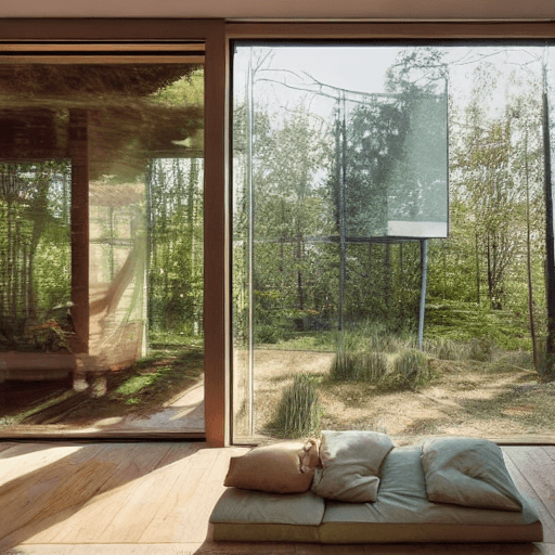 AI generated: Hiperrealistic house, with big windows, in the forest, gold hour. Photo magazine. With garden

