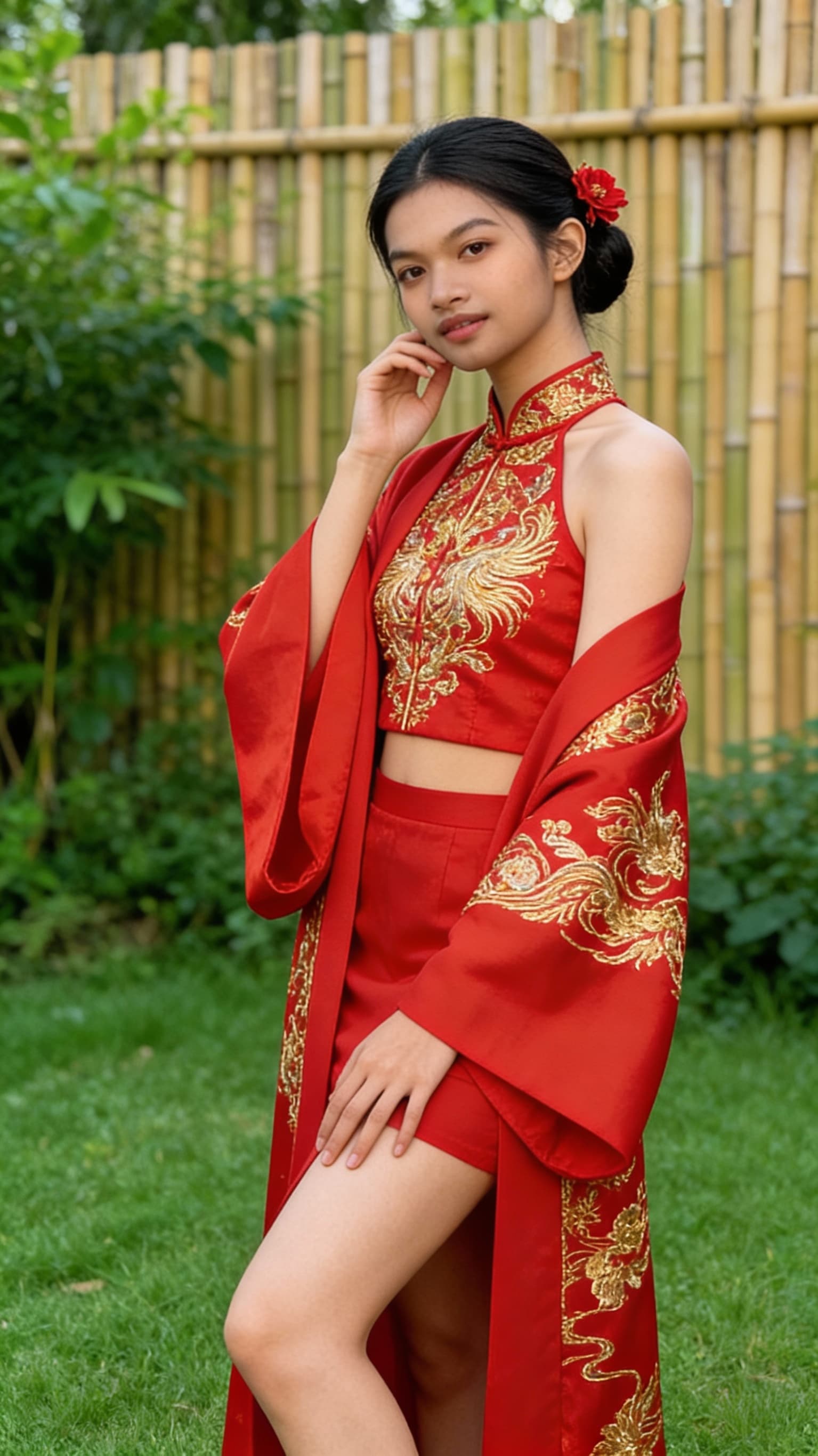 AI generated: A  portrait of a young man , captured in a serene outdoor setting. She is adorned in a vibrant red w...