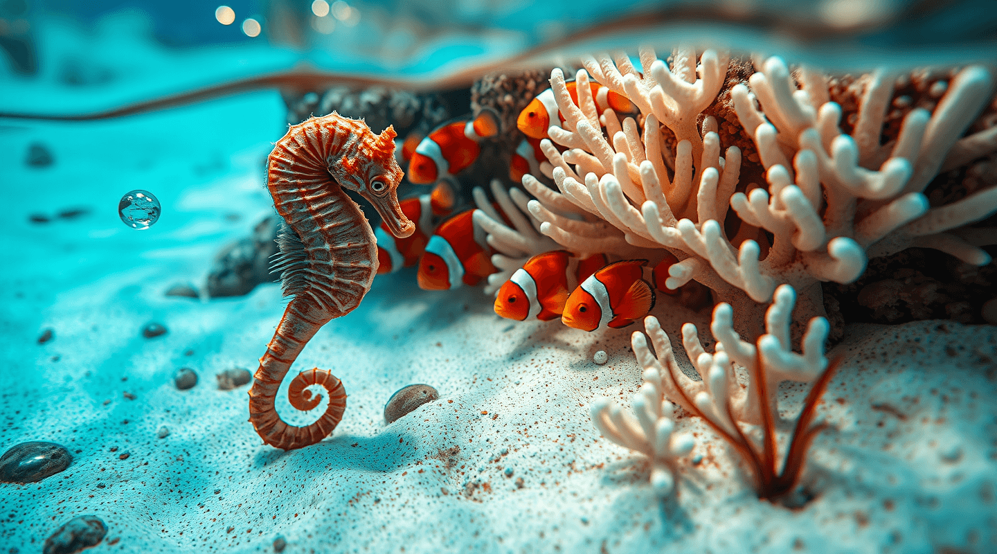 AI generated: macro lens photo of sea bed, realistic sand, pebbles a few sea weeds, a hyper realistic seahorse and...