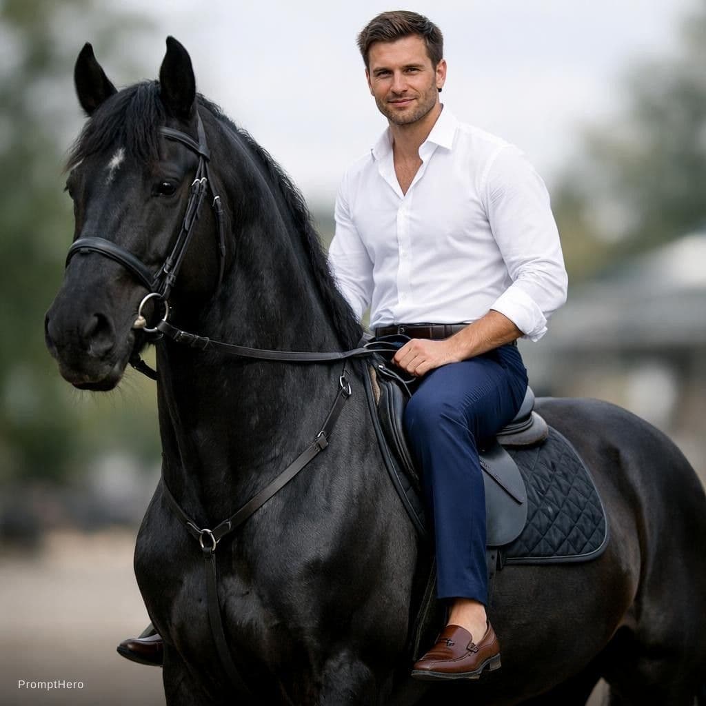 AI generated: a men with sitting on black beautiful horse and men has wear a white shirt and navy blue pant and le...
