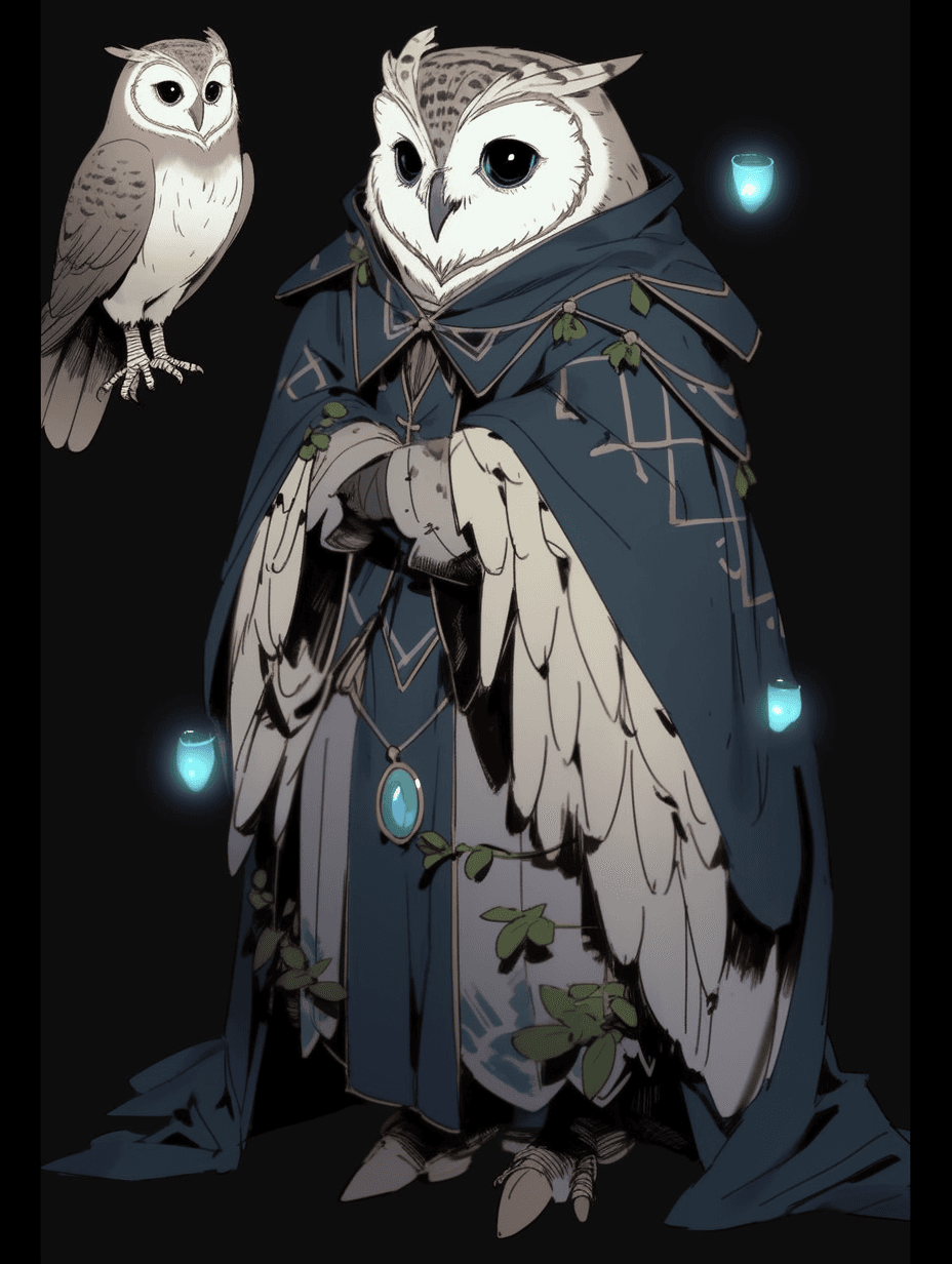 AI generated: A brown Owl with blue eyes, standing elegantly, wearing a refined brown suit with blue details.