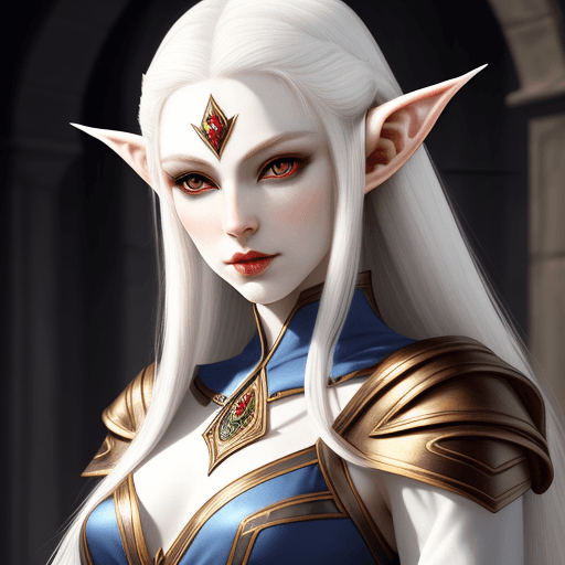 AI generated: Altmer elf woman, white long hair, pale skin,  beautiful, pointy short ears, red eyes, NO horns, maj...