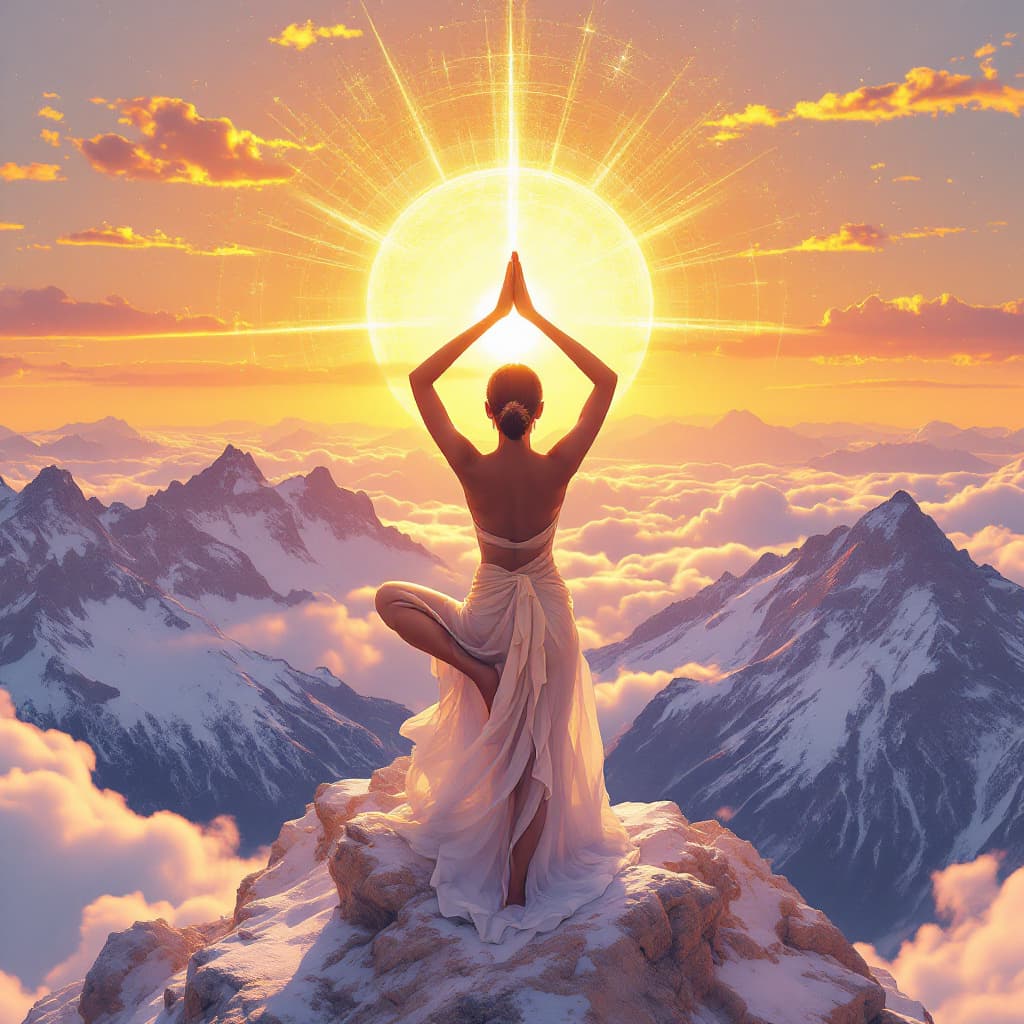 AI generated: I want a person meditating doing the standing pose with a bent leg and arms above the head with palm...