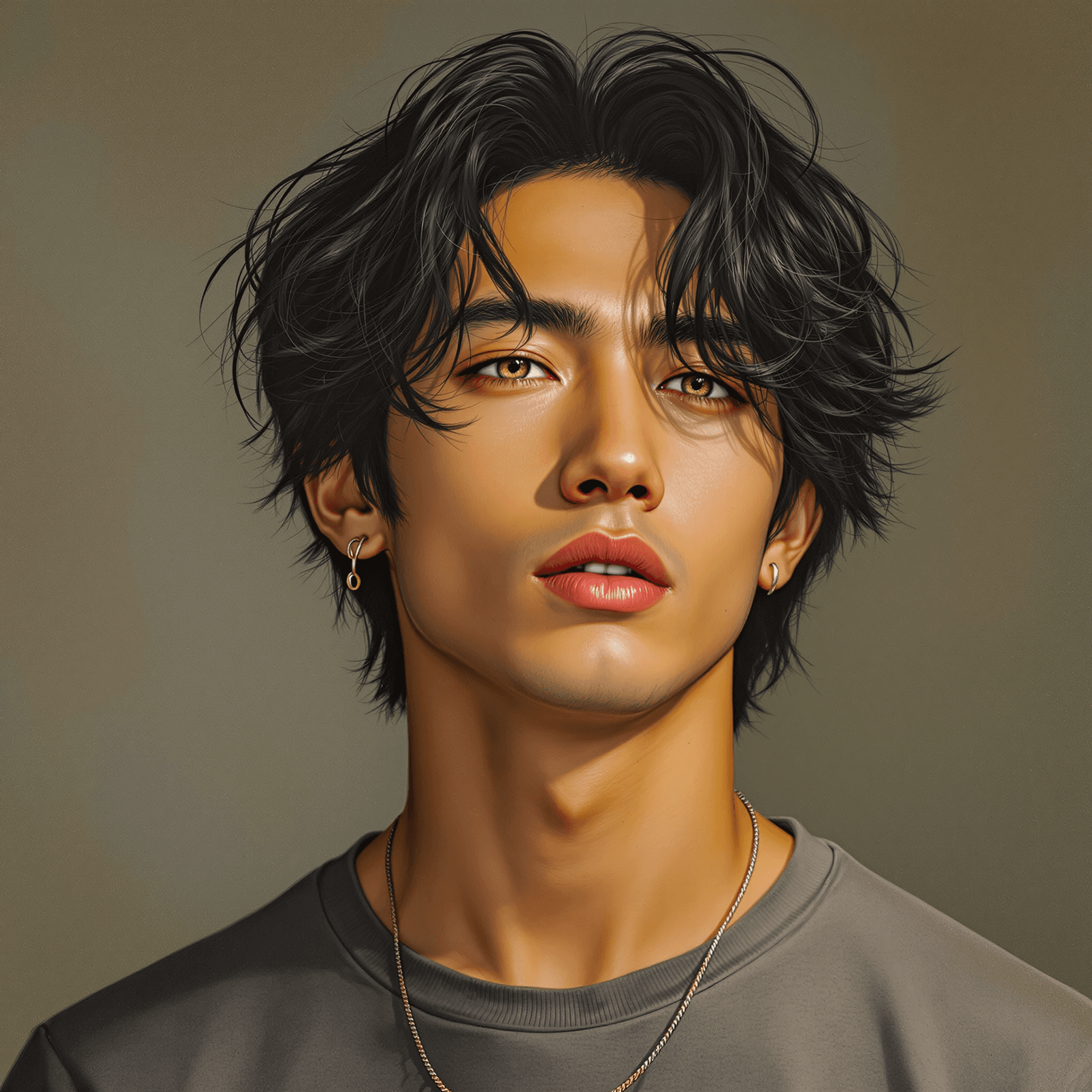 AI generated: In this vivid portrait, a young man of Korean-Caucasian descent stands confidently, his presence nea...