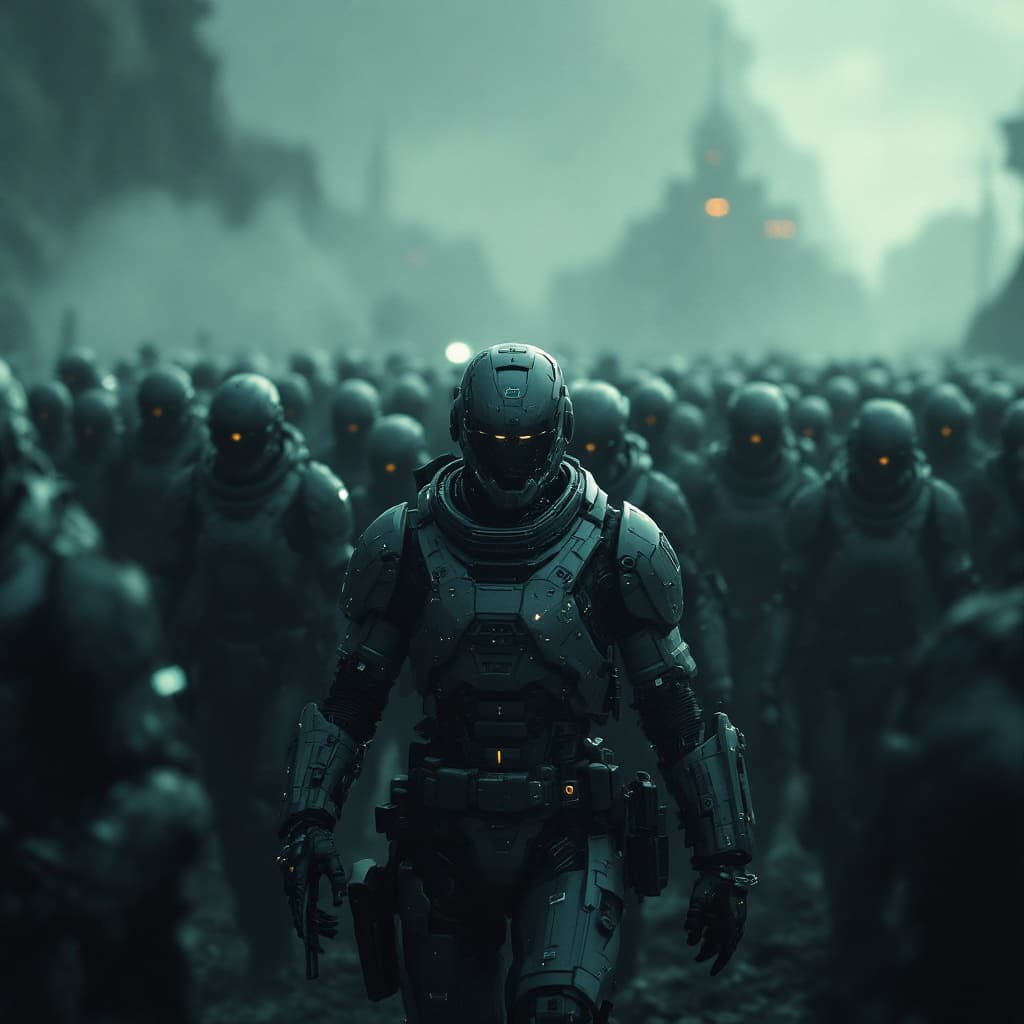 AI generated: An army of cybernetic soldiers marching, muted colors, photorealistic, cinematic, cinematic lighting...