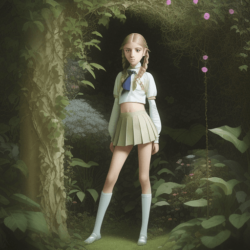 AI generated: Full body fashion photo of a 12 year old serene girl posing in a lofty fantasy garden, (golden ratio...
