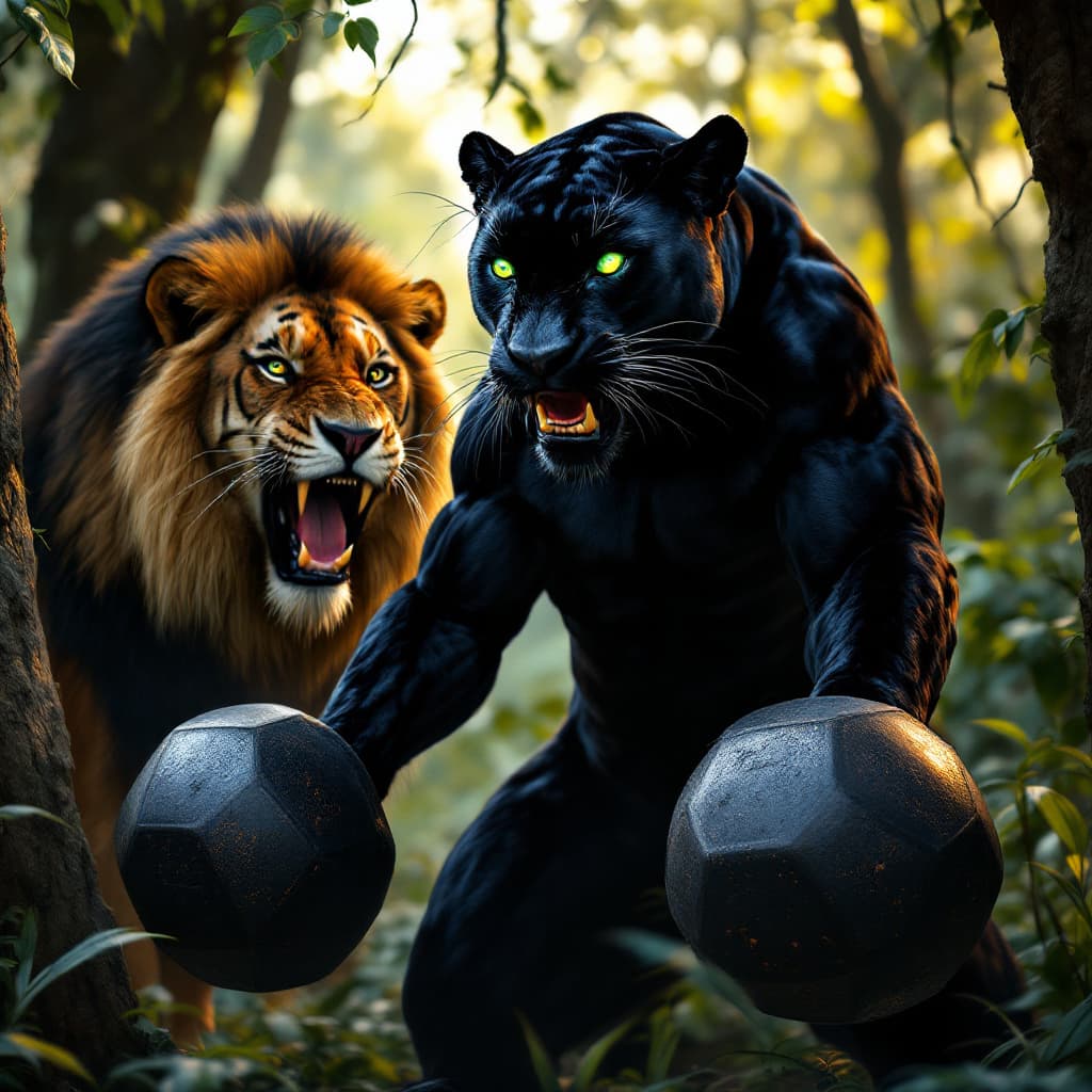AI generated: black panther with radiant green eyes lifting two dumb bell free-weights in an African jungle, while...