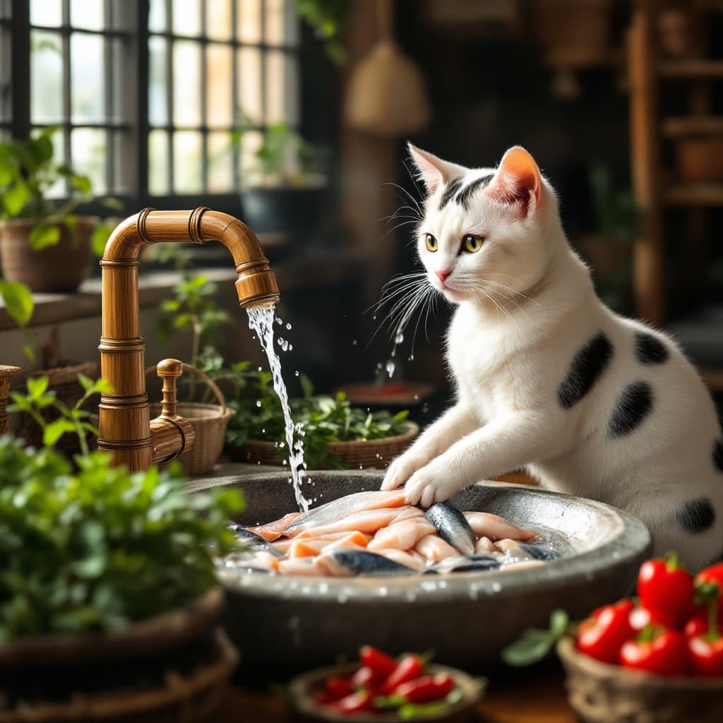 AI generated: A white cat with black spots washes fish in a stone sink under a stream of water from a bamboo fauce...