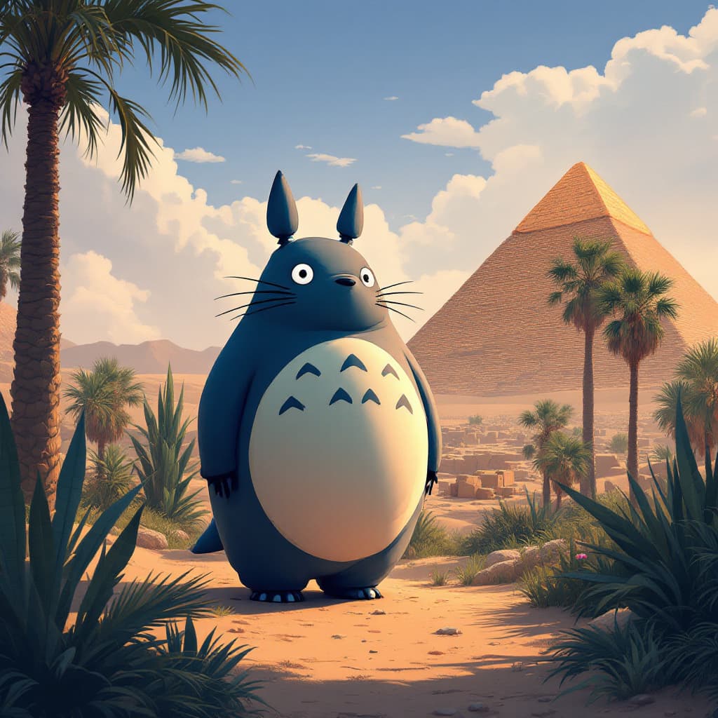 AI generated: Totoro at Giza --personalize nwnd4j3 --stylize 600