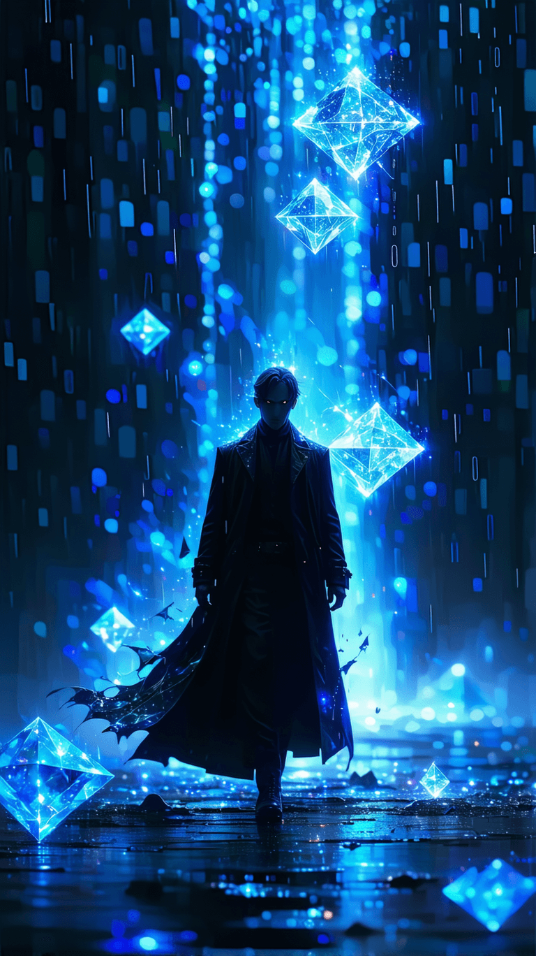 AI generated: A figure in a long, flowing black coat, reminiscent of Neo from The Matrix, standing amidst a cascad...