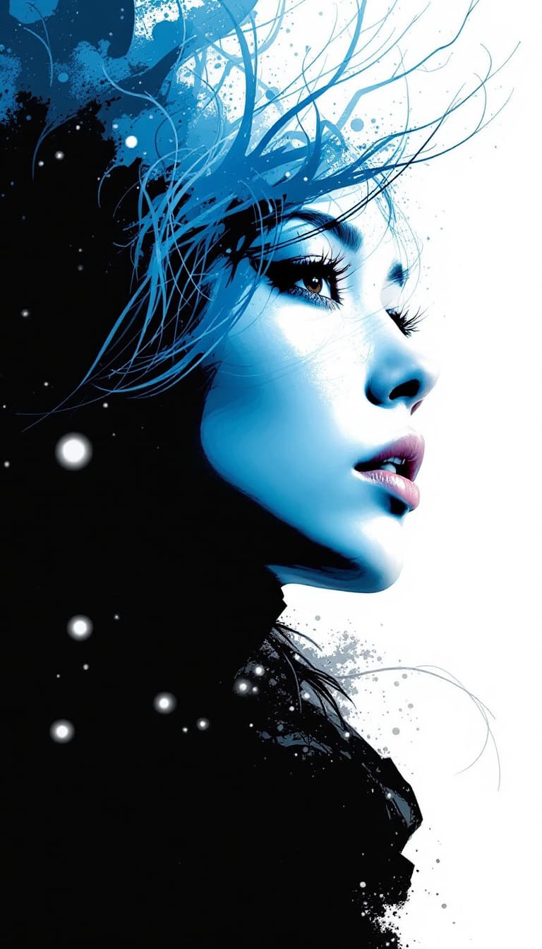 AI generated:  movie poster, womancharacter in black, white and blue, in the style of yoh nagao, light-focused --a...