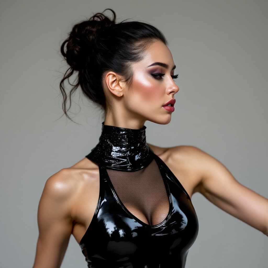 AI generated: passionate athletic ballerina showing off in shiny black latex  leotard, half-body view, white backg...