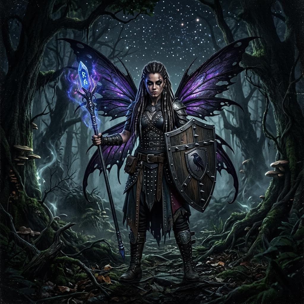 AI generated: a female dark fairy, wearing studded leather armor, holding a magical silver staff and a shield, sta...