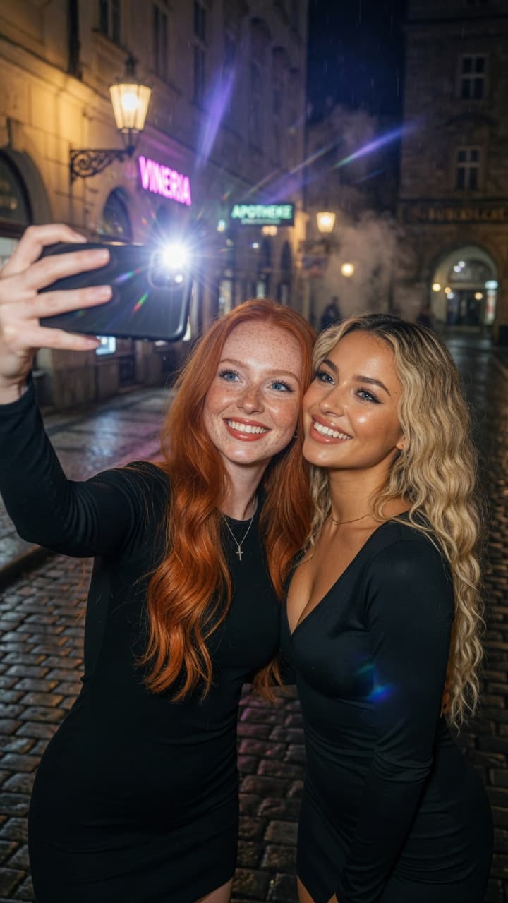 AI generated: Ultra-realistic nighttime selfie photograph of two stunning young women on a historic European cobbl...