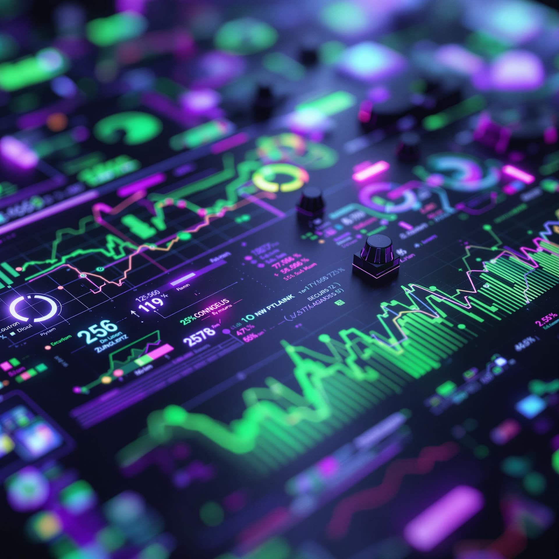 AI generated: charts, abstract visuals, futuristic, cyberpunk aesthetic, purple green accents, soft diffused highl...
