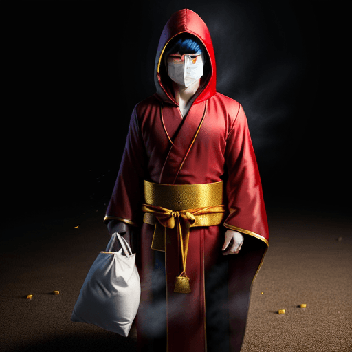 AI generated: High resolution picture. full frontal of korean man wearing a regal red robe with hood holding bags ...