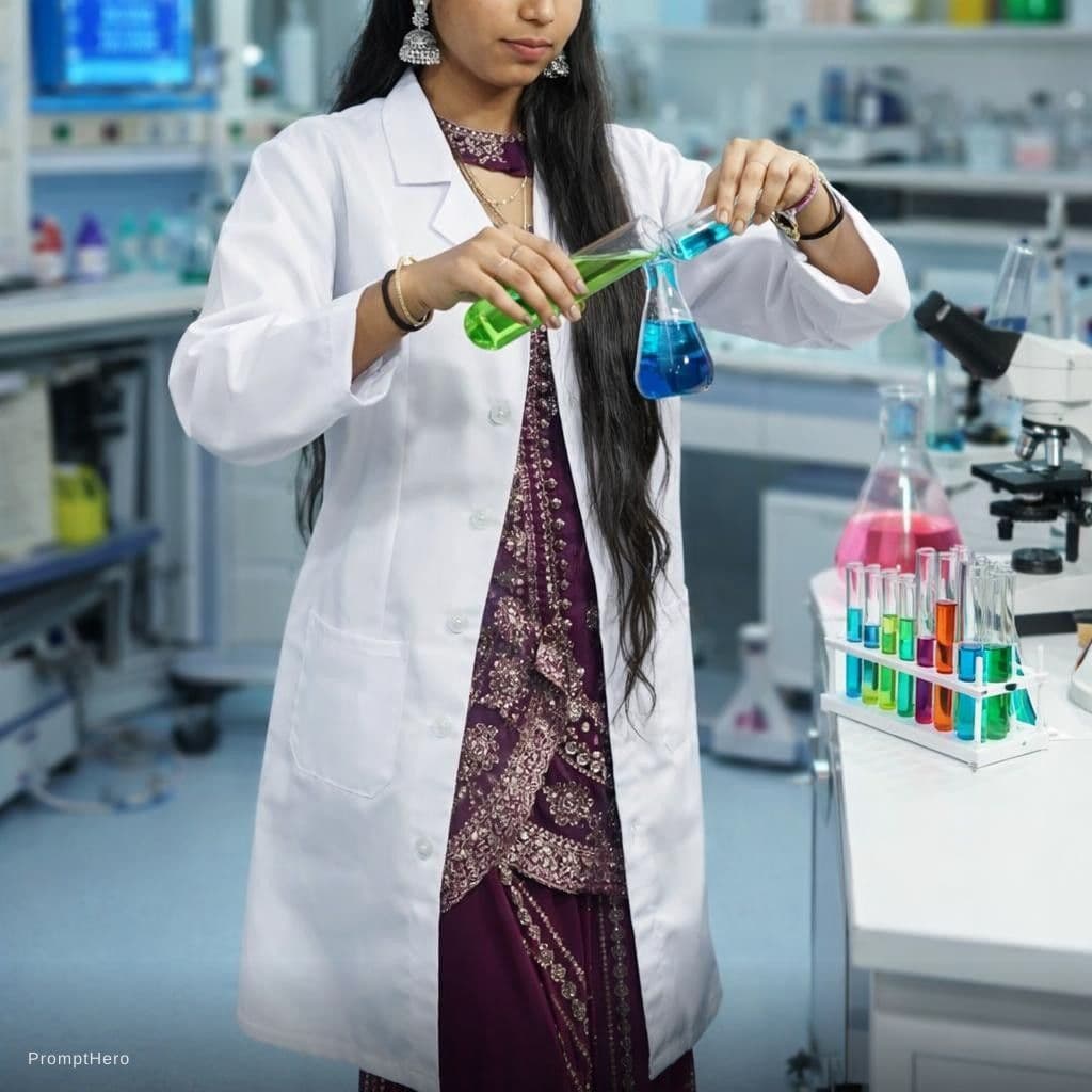 AI generated: Scientist mixing chemicals in a lab, heels, fully clothed, labcoat