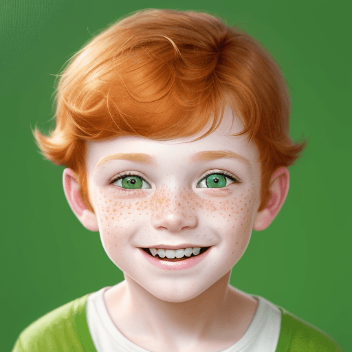 AI generated: Closeup portrait of a cheeky and adorable 7-year-old boy with ginger hair, bright green eyes, and ma...