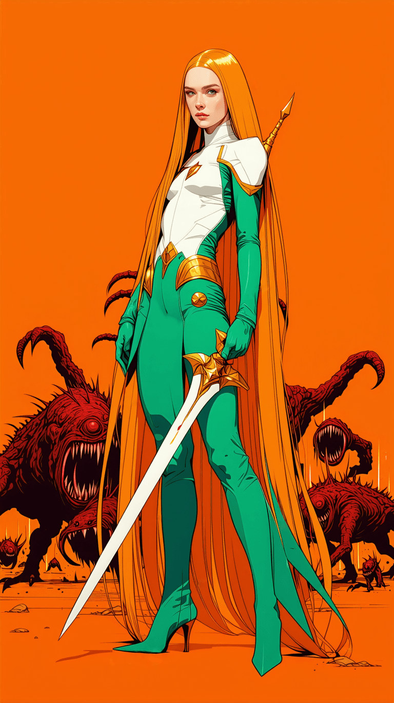 AI generated: The image is an illustration of a female superhero with long orange hair. She is wearing a green and...