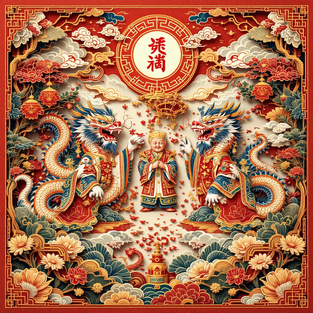 AI generated: Chinese mythological characters paper-cut elements & Trump 