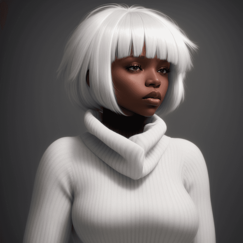 AI generated: Medium shot, side profile photo of a young black woman, with white hair, her eyes completely hidden ...