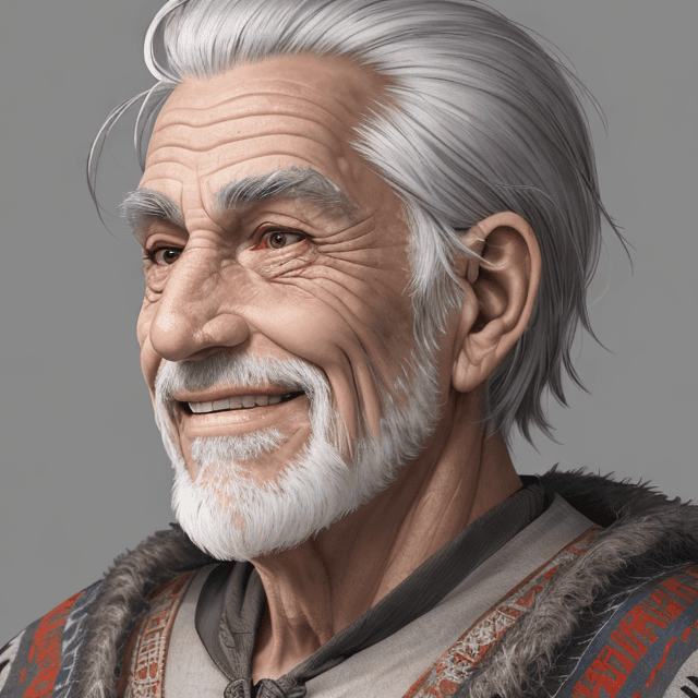 AI generated: frontal view portrait  of a face of cheerful, nice and wise old prehistoric man with  gray hair, fro...