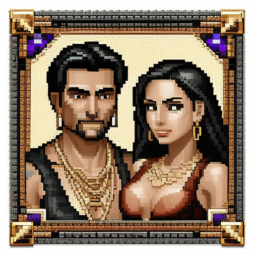 AI generated: 24-bit pixel art, latino man and woman working in big jeweler workshop, jewerly tools, gold and smal...