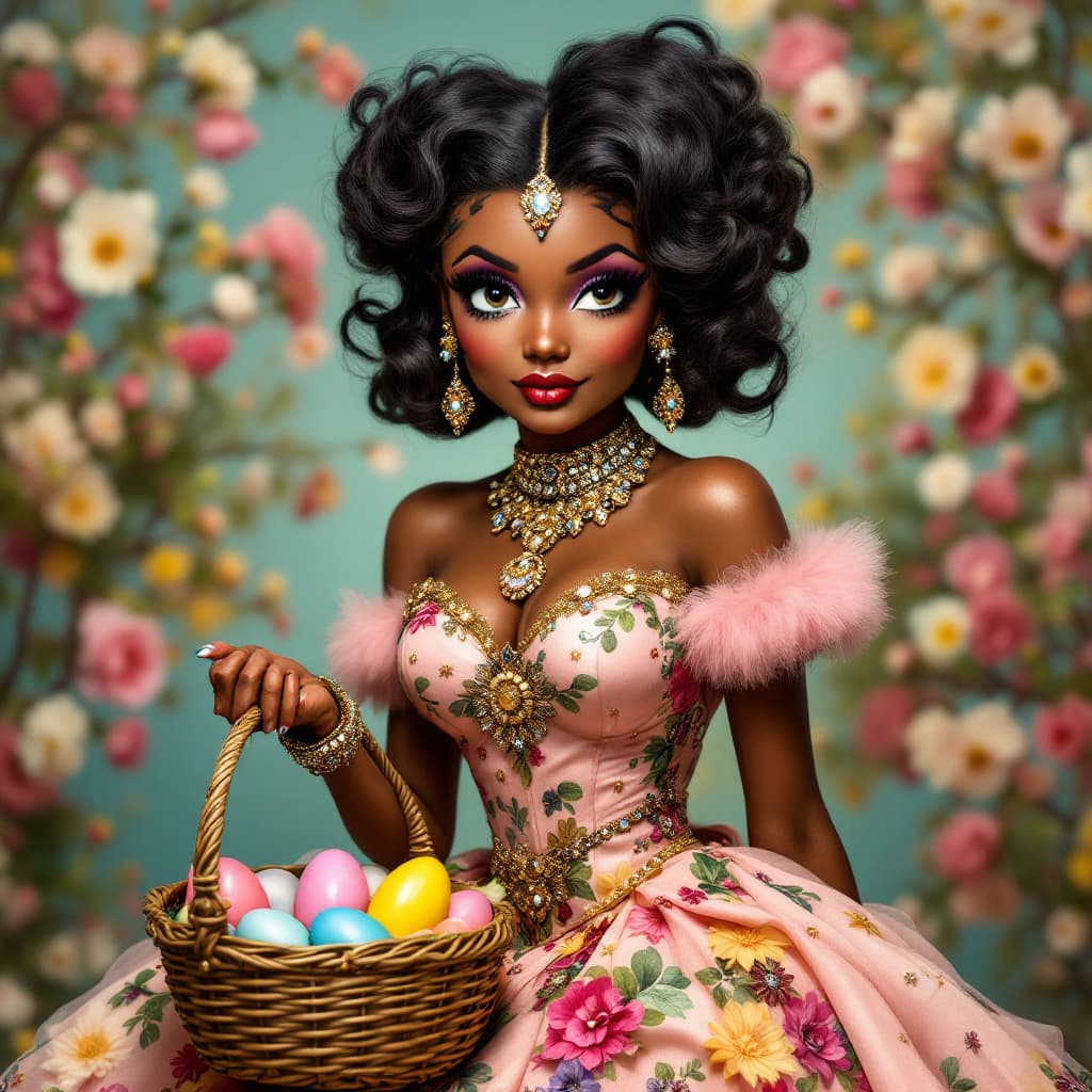 AI generated: Create a brown skinned African American Betty Boop inspired female wearing lots of bling jewelry and...