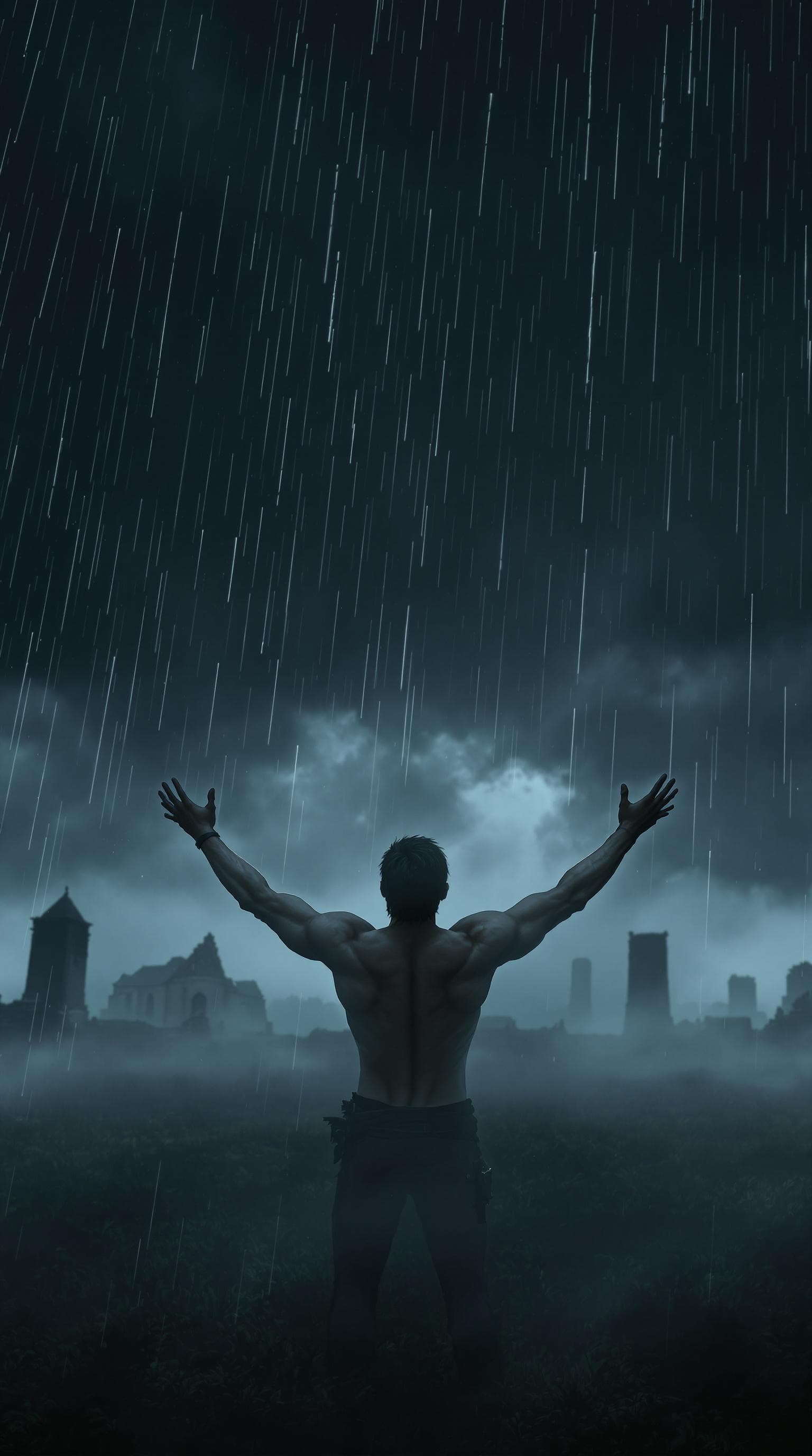 AI generated: Adam stands in the center of a stormy field, his hands stretched toward the darkened sky, as rain be...