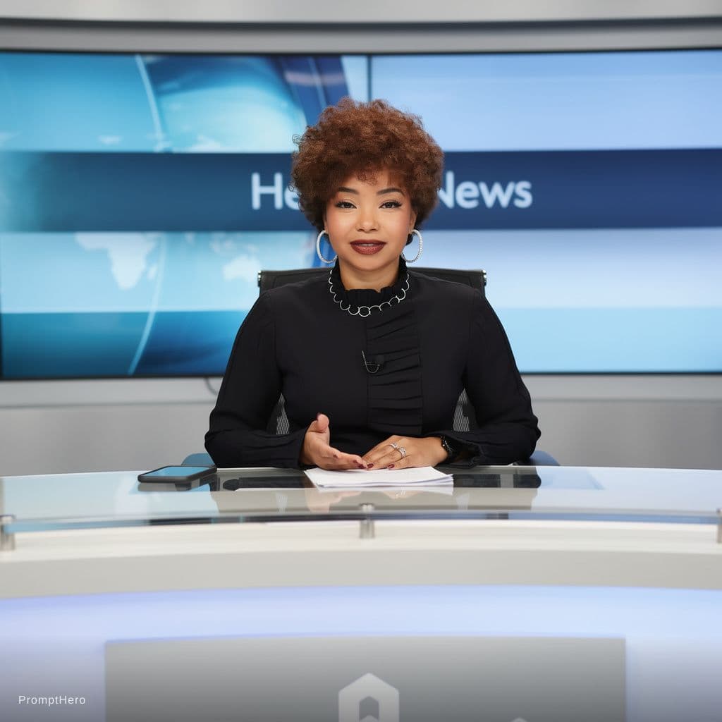 AI generated: The same exact Fair complexioned skin African female model sits behind a new desk in a news room. He...