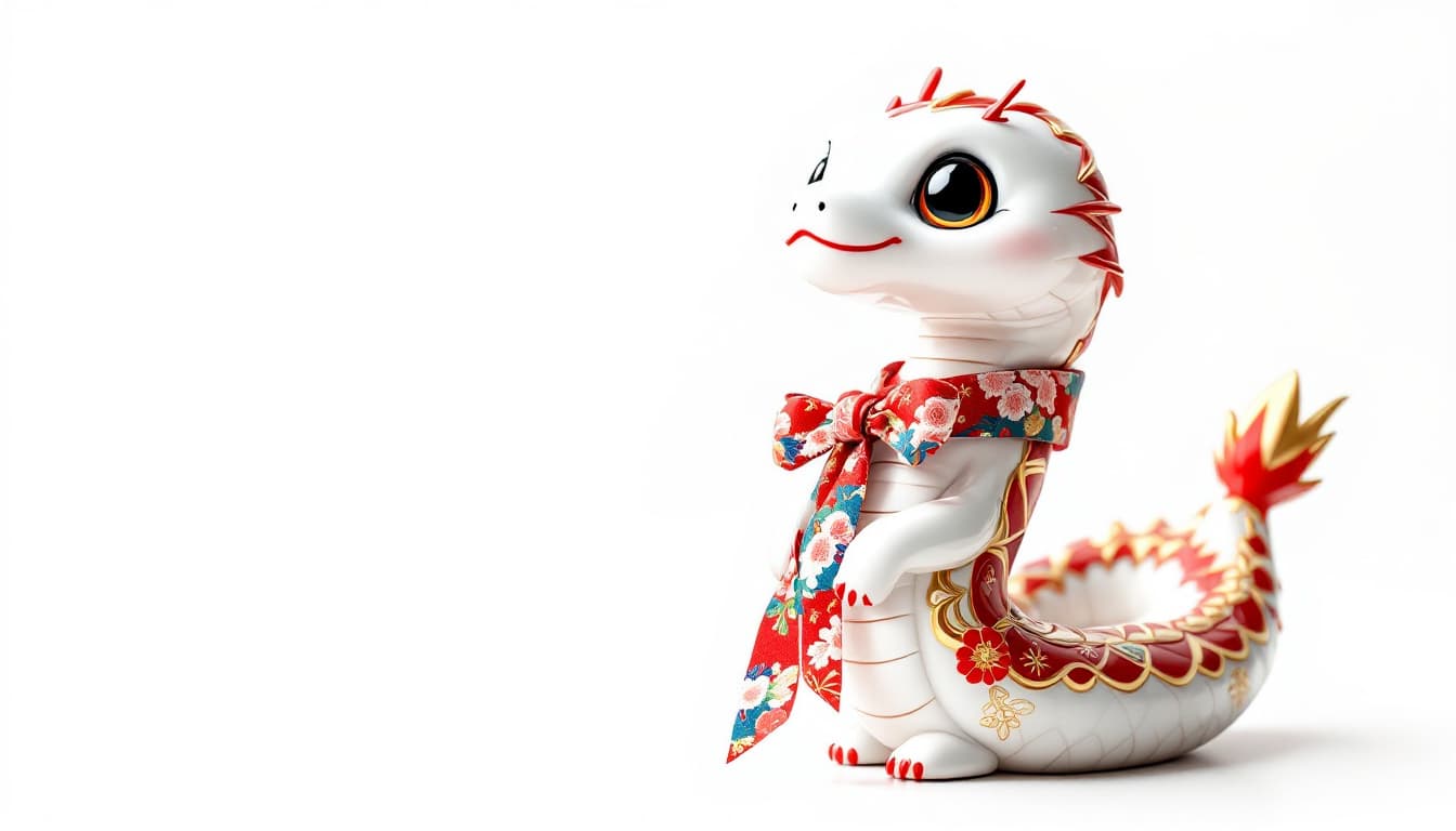 AI generated: Ceramic, cute white snake ornament with red and gold decoration on the body, holding a colorful Japa...