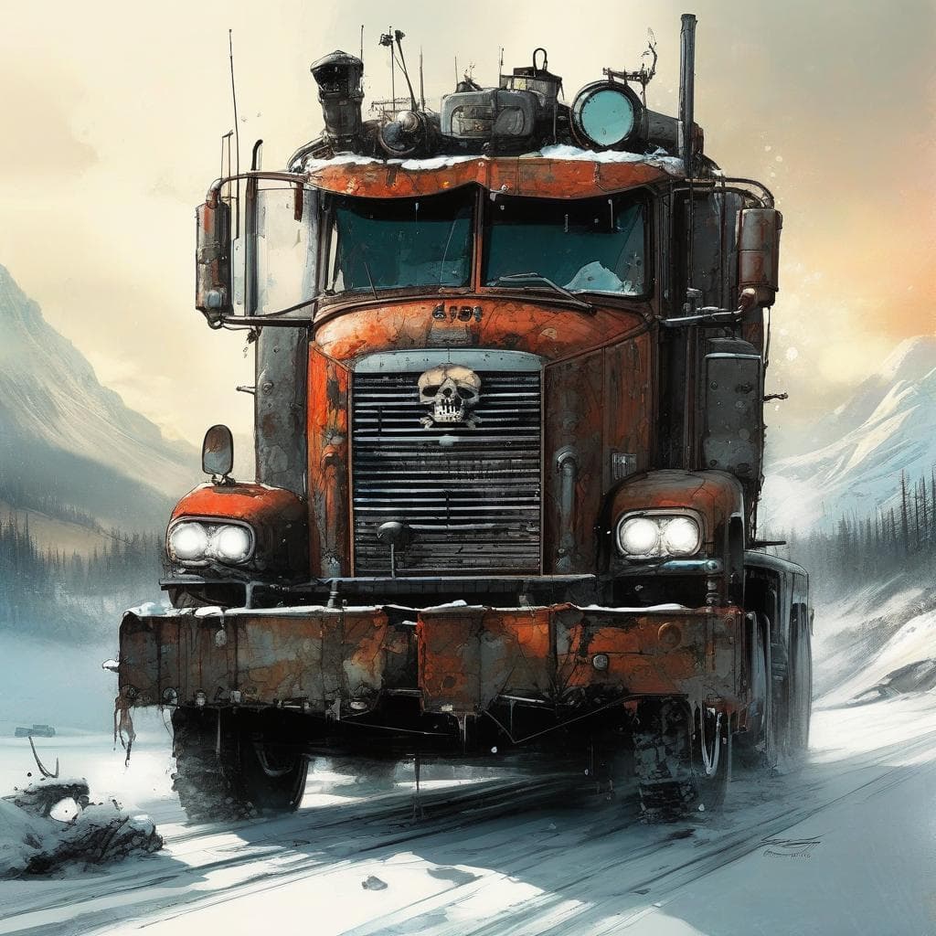 AI generated: Iceroad trucker, dieselpunk, biopunk, dreampunk, fractal art, surrealism, abstract art, experimental...