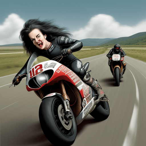 AI generated: An extreme caricature of wild motorcycle racing on a country road, with exaggerated features such as...