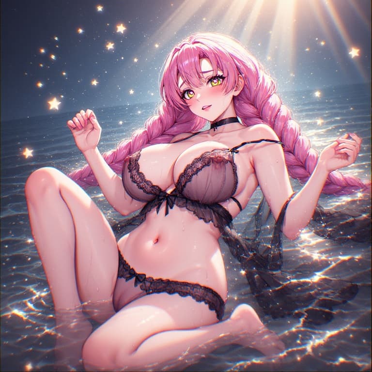 AI generated: anime art of Mitsuri Kanroji, covered nipples, chromatic aberration, glow, perfect face, curvy body,...