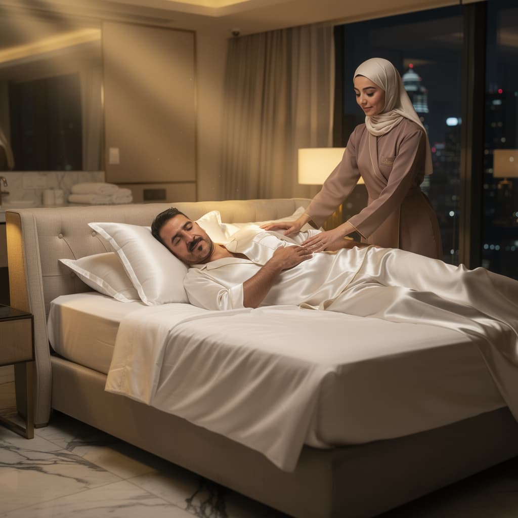 AI generated: A cinematic ultra-realistic scene of a Moroccan man peacefully sleeping on a luxurious king-size bed...
