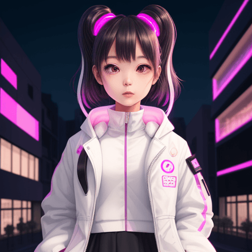AI generated: A girl in a white jacket is in front of a building in a city, in the style of kawaii art, light mage...