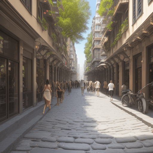 AI generated:  urban space, all constructed elements on columns, nature, plants and trees, a lot of birds, cobbles...