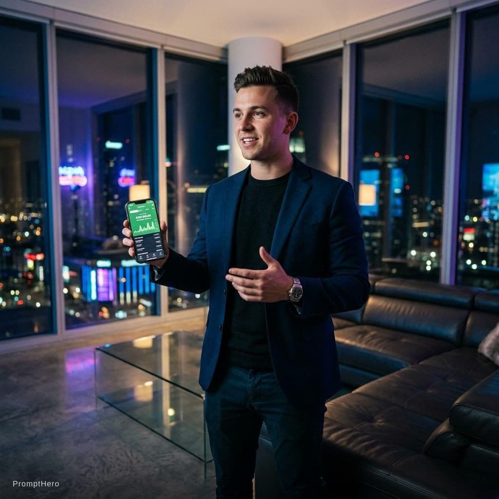 AI generated: A young successful millionaire explaining how he built his online business, modern penthouse, night ...