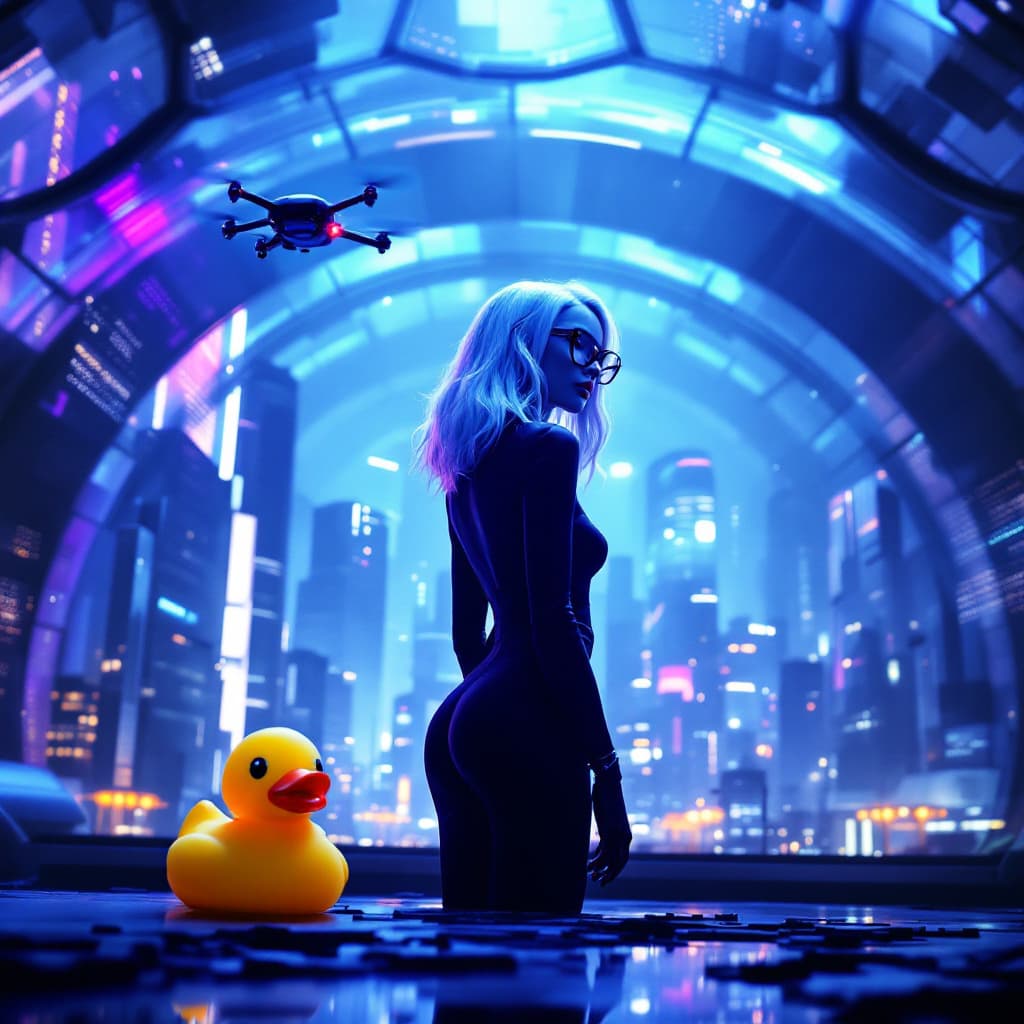 AI generated: A female concert pianist with platinum hair and glasses stands in a futuristic transparent domed cit...
